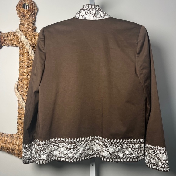 Linda Allard Ellen Tracy Brown/White Floral Embroidered Open Front Boho Jacket - Picture 3 of 7